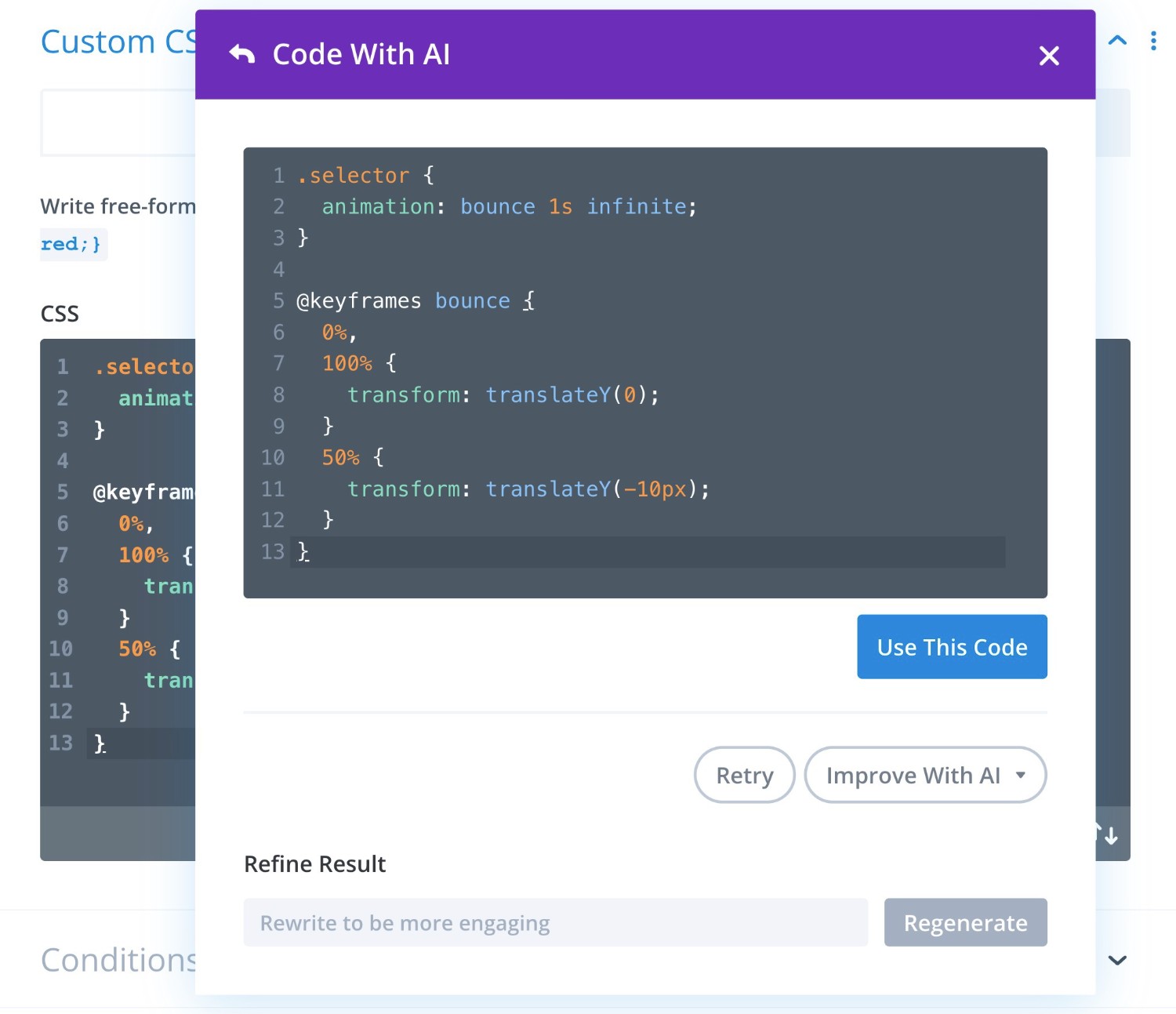 Divi AI custom CSS example code results