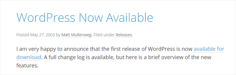 WordPress Now Available News Screenshot