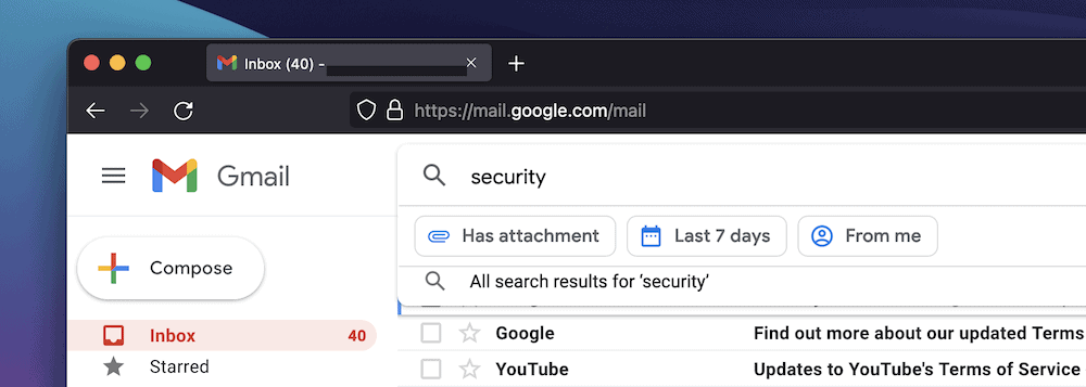 Gmail's interface, showing search functionality.