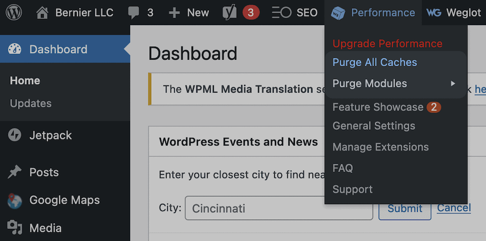 The Clear Cache option within WordPress.