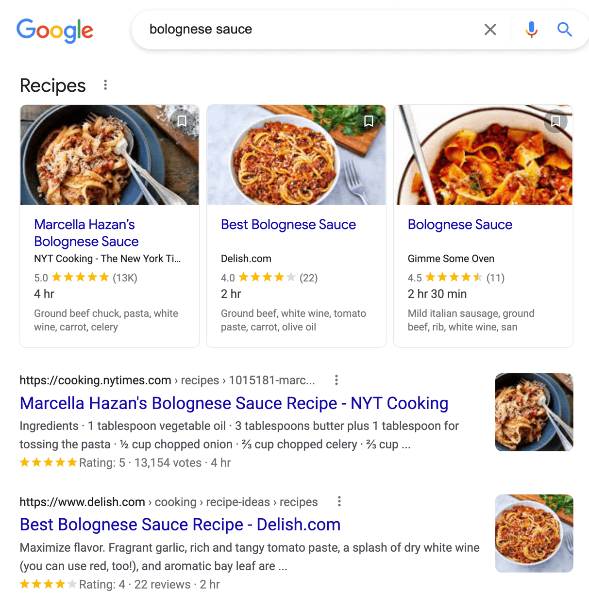 informational search intent with bolognese sauce
