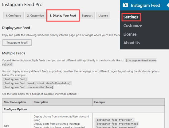 Instagram Feed Pro's display settings