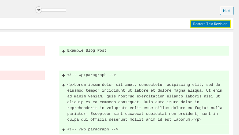 A preview of the post revisions in WordPress.