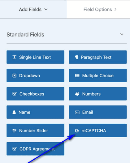 Wait for the form-building interface to be pulled up, and under the Standard Fields section in the Add Fields tab, locate and click on reCAPTCHA