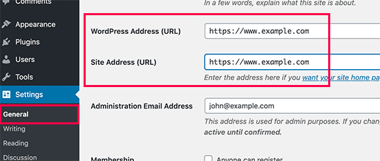 WordPress URL settings