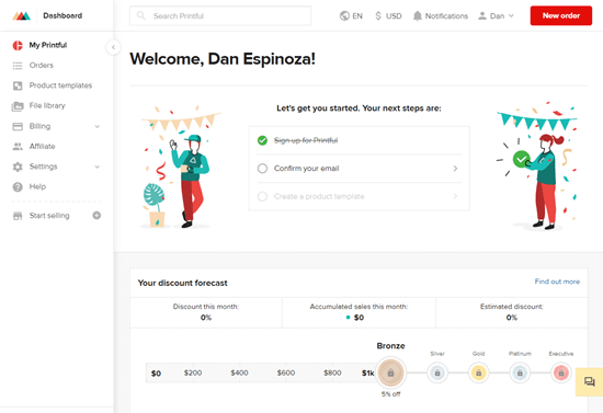 The welcome page for the Printful dashboard