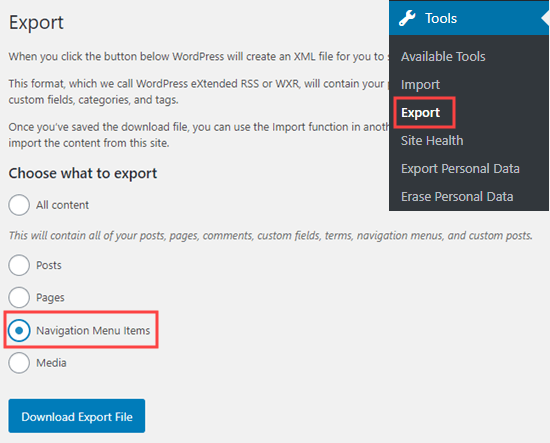 The Export Navigation Menu Items option in the Export tool