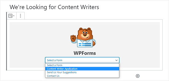 Selecting your form from the WPForms dropdown list