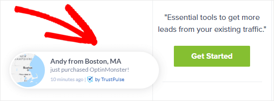 An example of a TrustPulse notification on OptinMonster's site