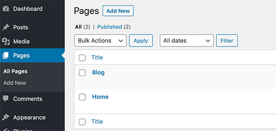 Publish blog and home pages in WordPress