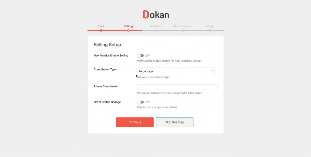 Dokan selling setup screen used in setting up the commission of sales that happen in a marketplace WordPress website