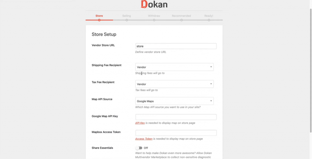 Dokan store setup screen used in determining the tax and shipping fee recipients