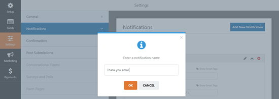 Naming the new notification in WPForms