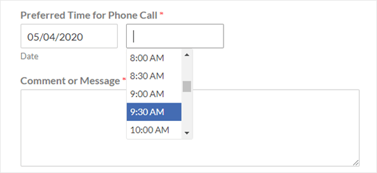 The default time picker (dropdown list at 30 minute intervals)