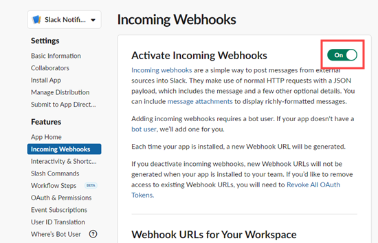 Switch the toggle on to activate incoming webhooks