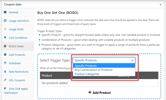 Selecting the trigger type for your "buy one, get one" deal