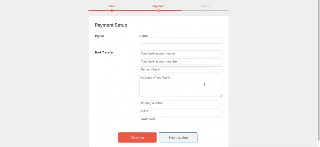 Dokan payment setup screen that allows vendors to key in their payment information