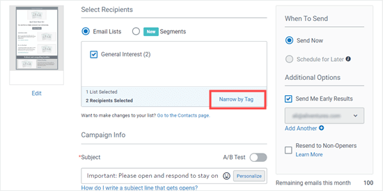 Narrowing your Constant Contact list by tag before sending an email