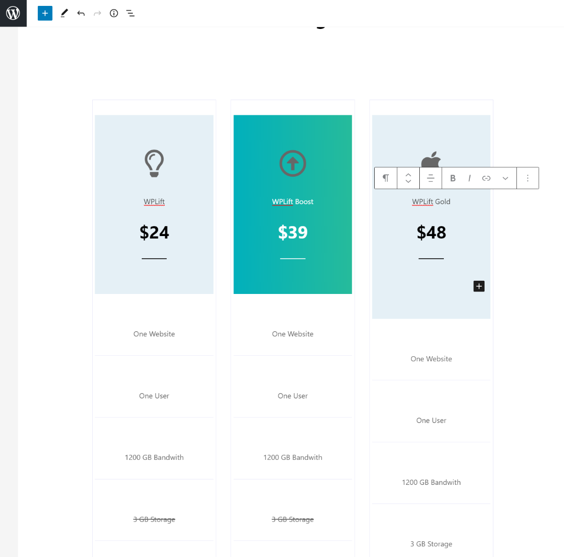 Editing pricing table