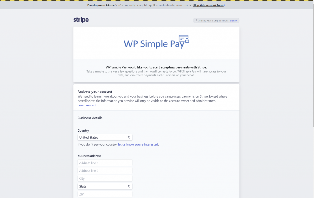 WP Simple Pay setup for WordPress donation plugins