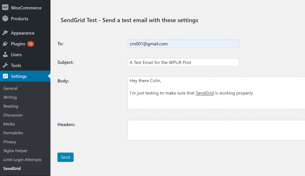Send test email for WordPress not sending issue