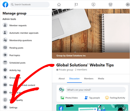 Click on the Settings tab for your Facebook group