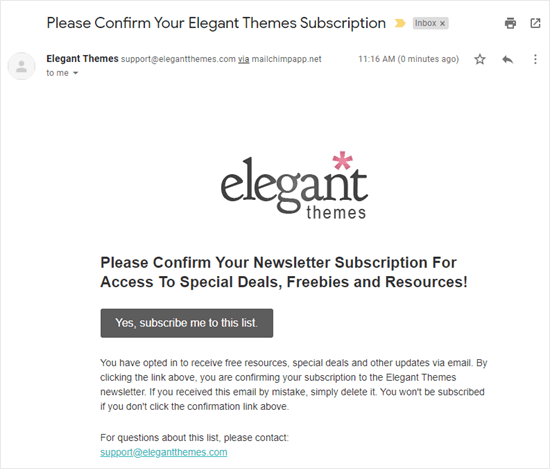 Confirmation email (double optin) from Elegant Themes