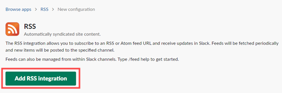 Click the button to continue setting up the RSS integration