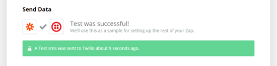 Zapier's message showing that the test text was successful