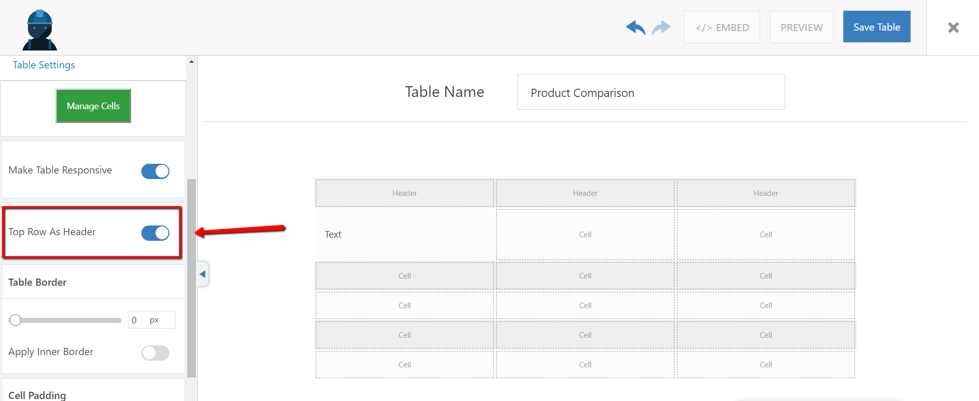 product comparison table
