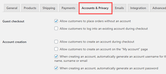 The Accounts and Privacy tab in the WooCommerce settings