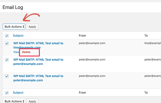 Delete email log entries in WordPress
