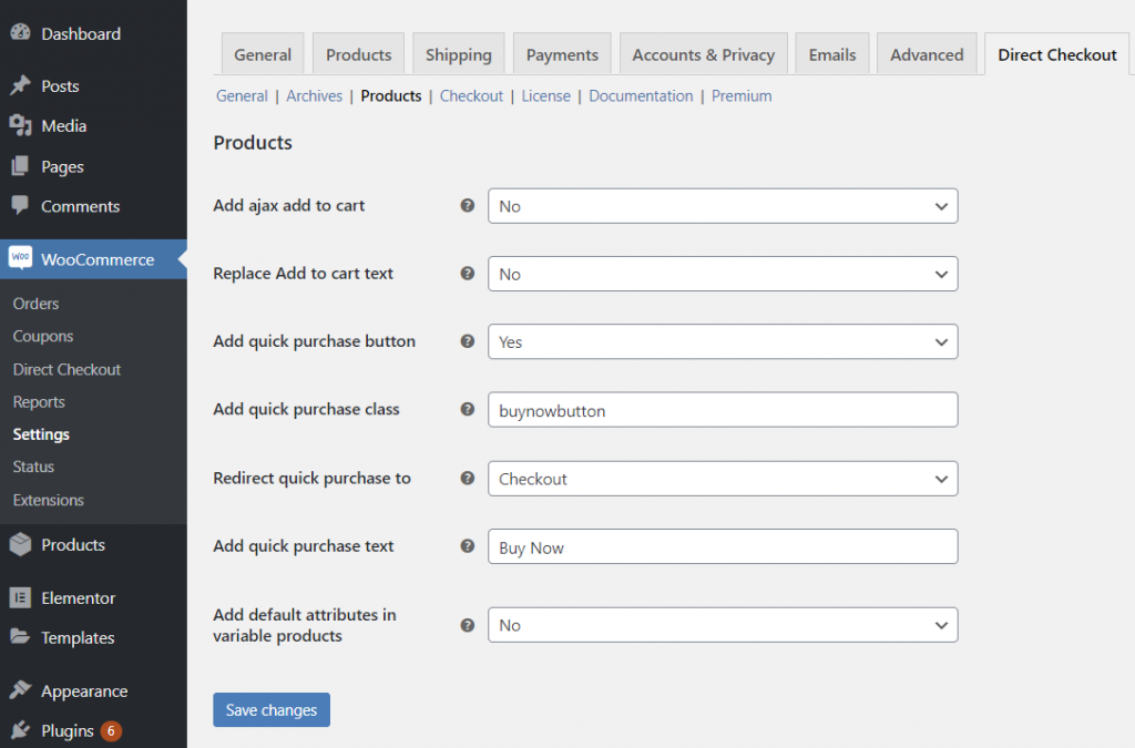 WooCommerce Direct Checkout settings