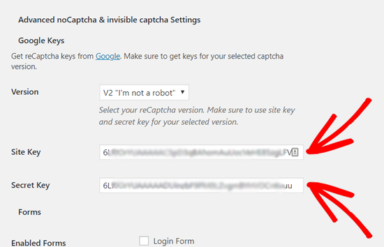 Enter Site Key and Secret Key to Add reCAPTCHA to WordPress