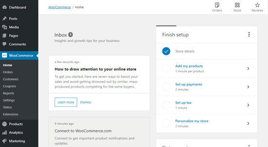 Viewing your WooCommerce store dashboard in WordPress