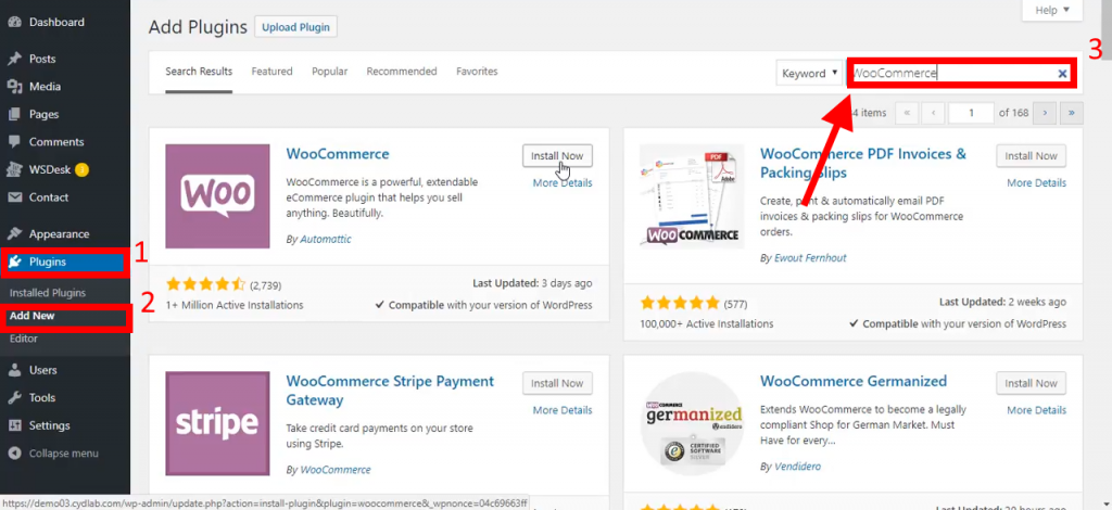 Installation of WooCommerce in a WordPress website