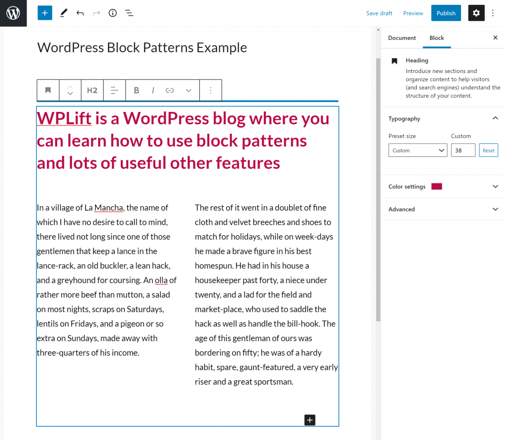 Example of WordPress block pattern