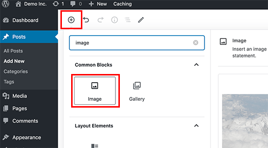 Adding an image block to a WordPress post or page
