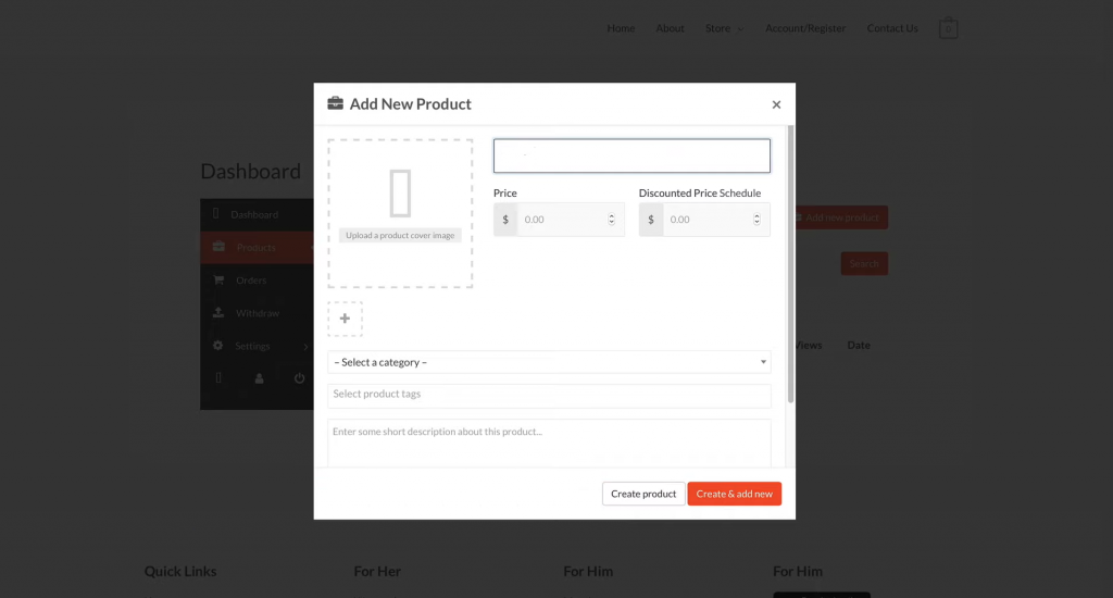 A screen used to add a new product in a marketplace