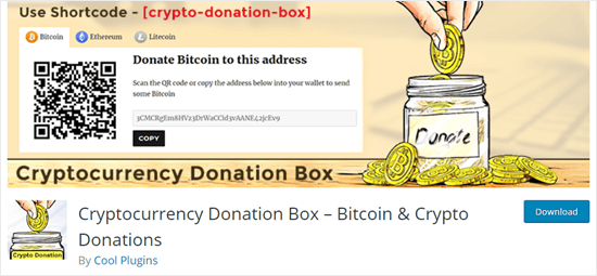 The Cryptocurrency Donation Box tip jar plugin on the WordPress website