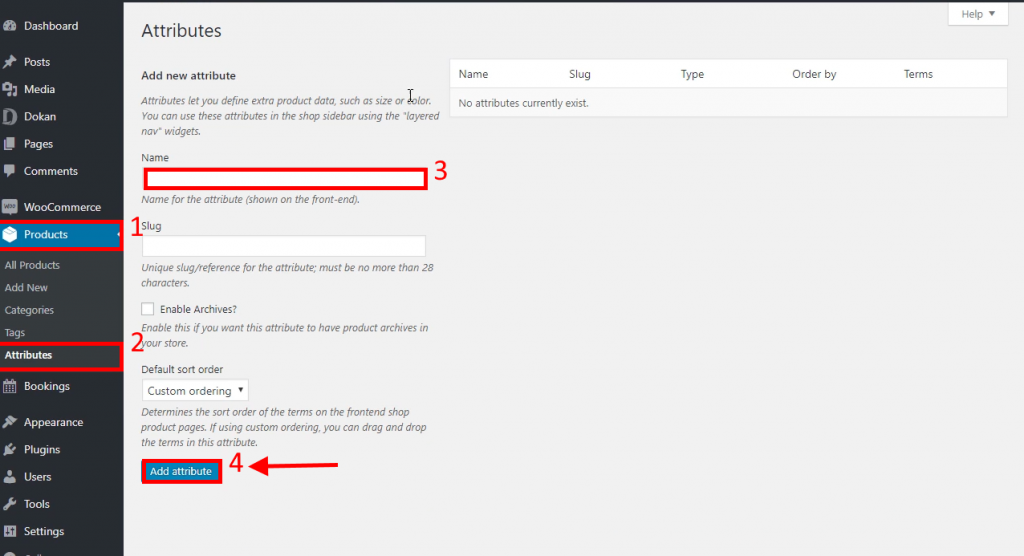 Creating new attributes from WordPress admin menu, which will be used to add more info about a certain product