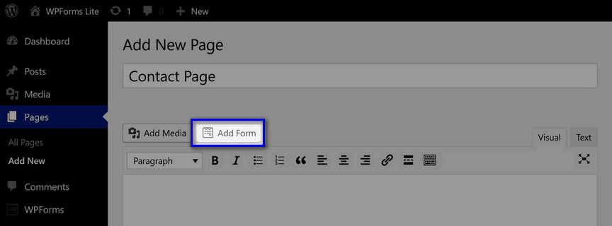 contact page wpforms insert
