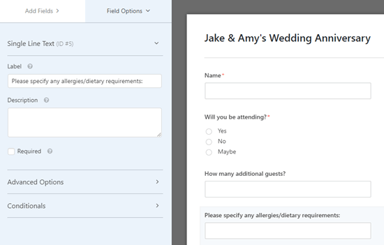 Adding a simple text field to ask about allergies and dietary requirements