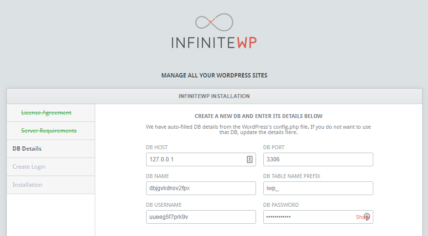 Creating a new database for InfiniteWP.