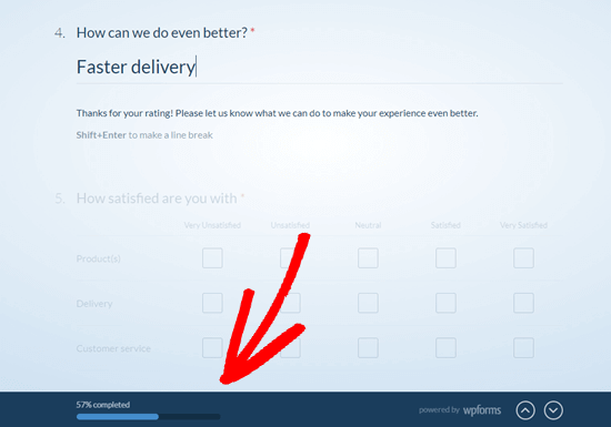 WPForms will show the user how far through the questionnaire they are, using the progress bar