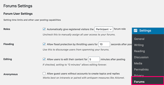 Forum settings page