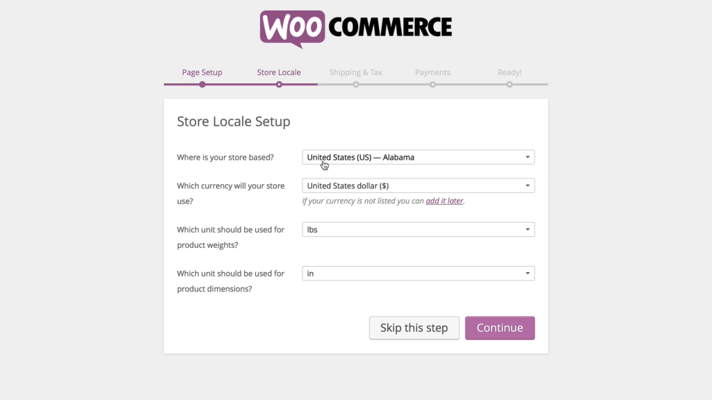 WooCommerce store locale setup screen that lets you add you the location of your marketplace WordPress website and units used to measure products