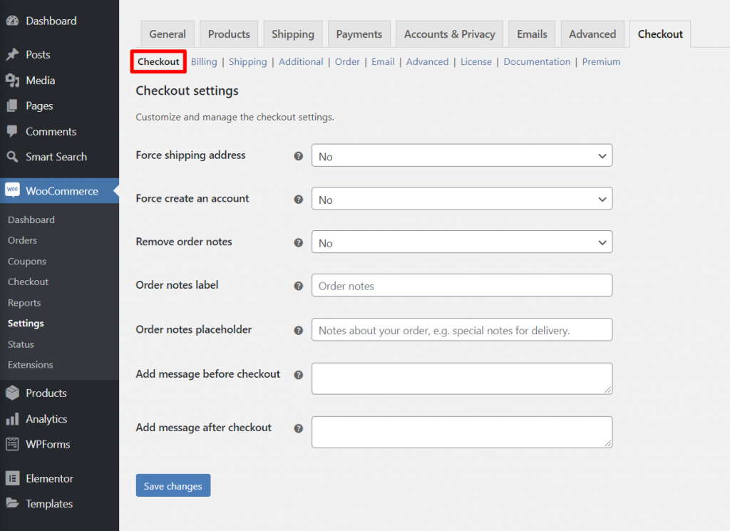 WooCommerce Checkout Manager settings