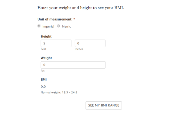 The default styling for the BMI form