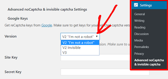 Choose Google reCAPTCHA V2 in Advanced noCAPTCHA & Invisible CAPTCHA (v2 & v3)